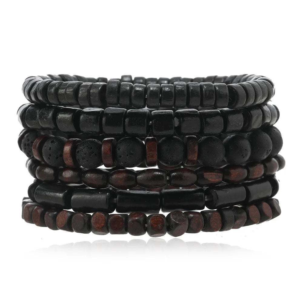 Men’s Retro Multi-Layer Wooden Bead Bracelet | Handmade Elastic Jewelry
