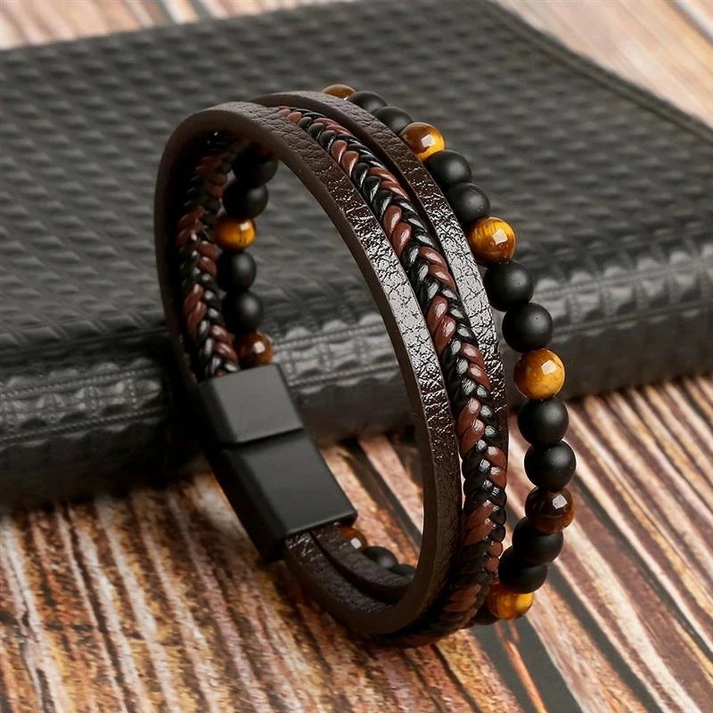 Men’s Leather Tiger Eye Beaded Bracelet