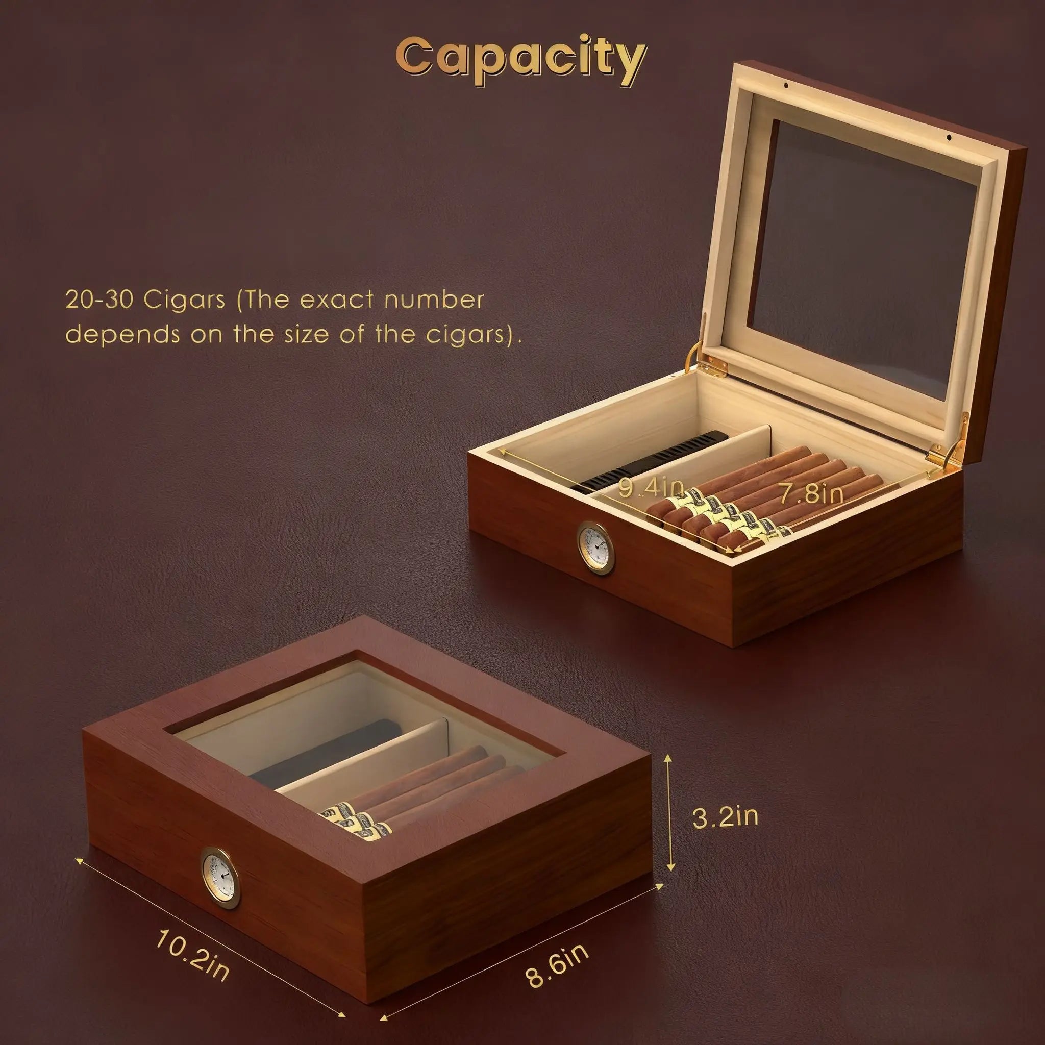 30 Cigar Solid Wood Humidor with Hygrometer