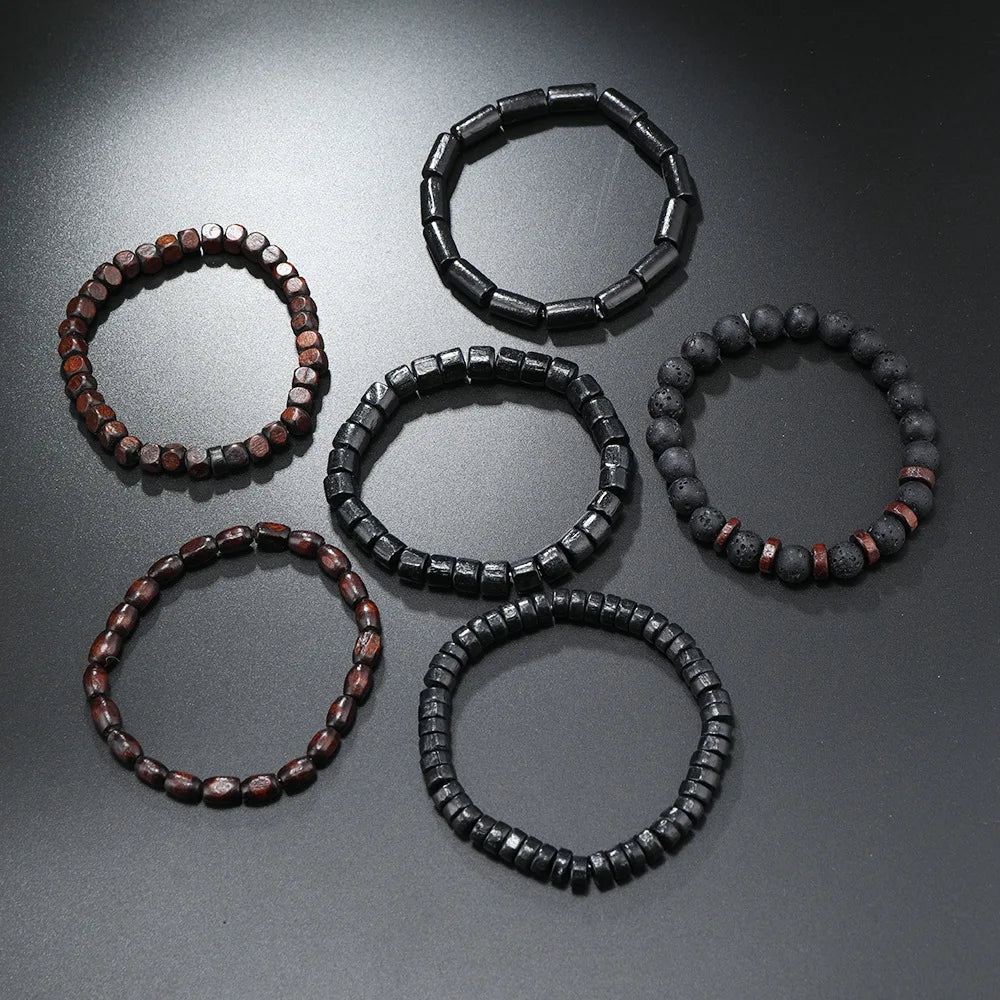 Men’s Retro Multi-Layer Wooden Bead Bracelet | Handmade Elastic Jewelry