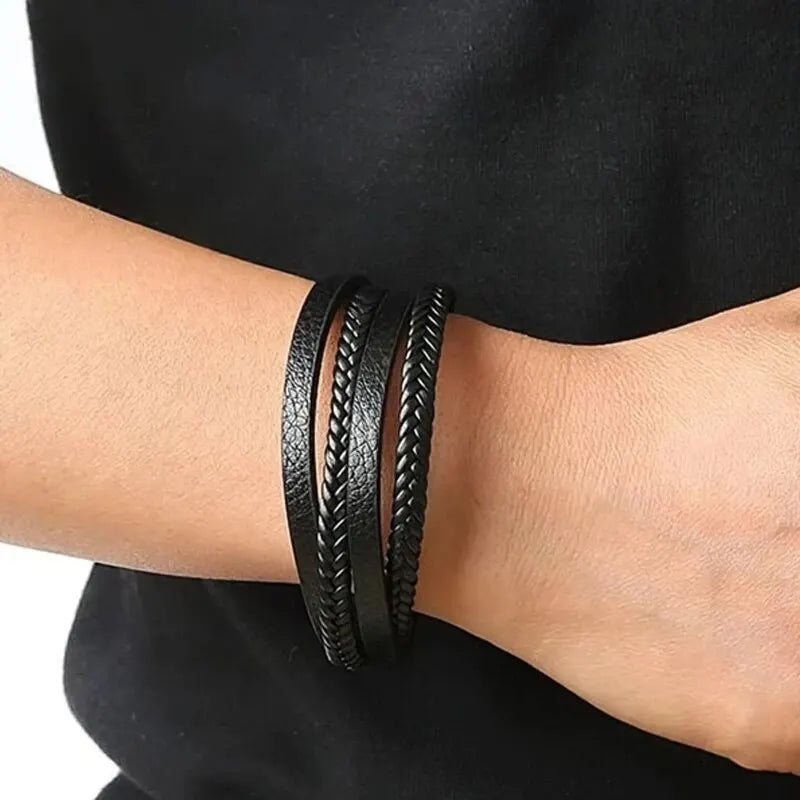 Men’s Leather & Stainless Steel Braided Bracelet