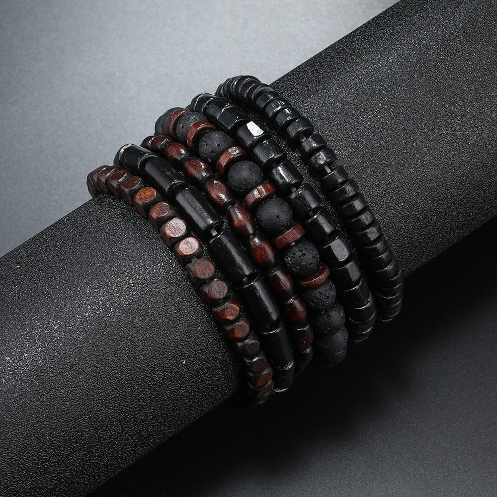 Men’s Retro Multi-Layer Wooden Bead Bracelet | Handmade Elastic Jewelry