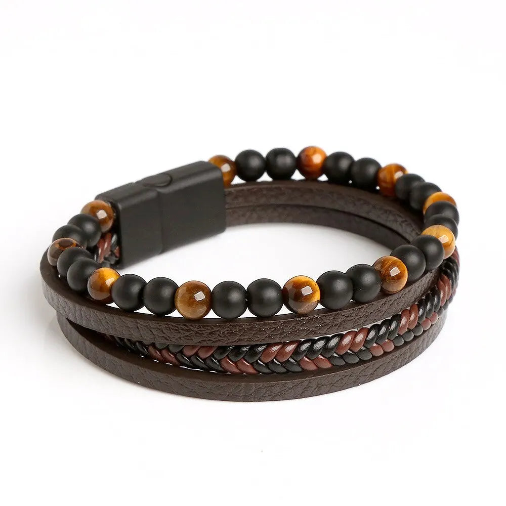 Men’s Leather Tiger Eye Beaded Bracelet