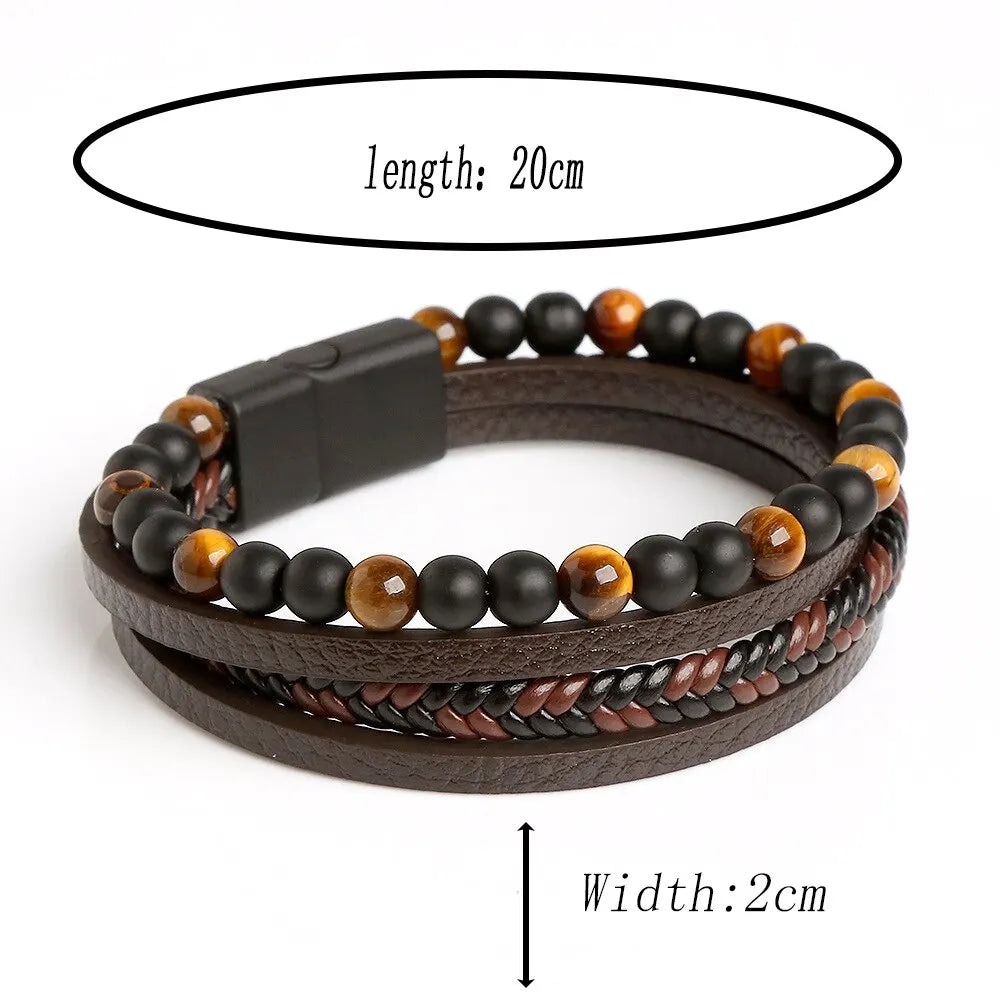 Men’s Leather Tiger Eye Beaded Bracelet