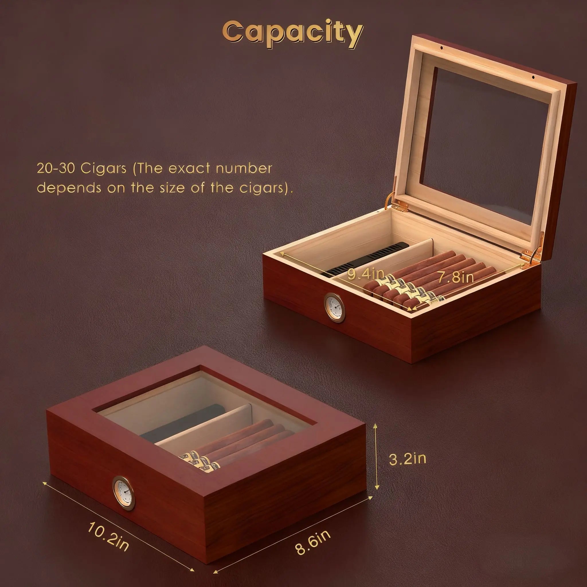 30 Cigar Solid Wood Humidor with Hygrometer