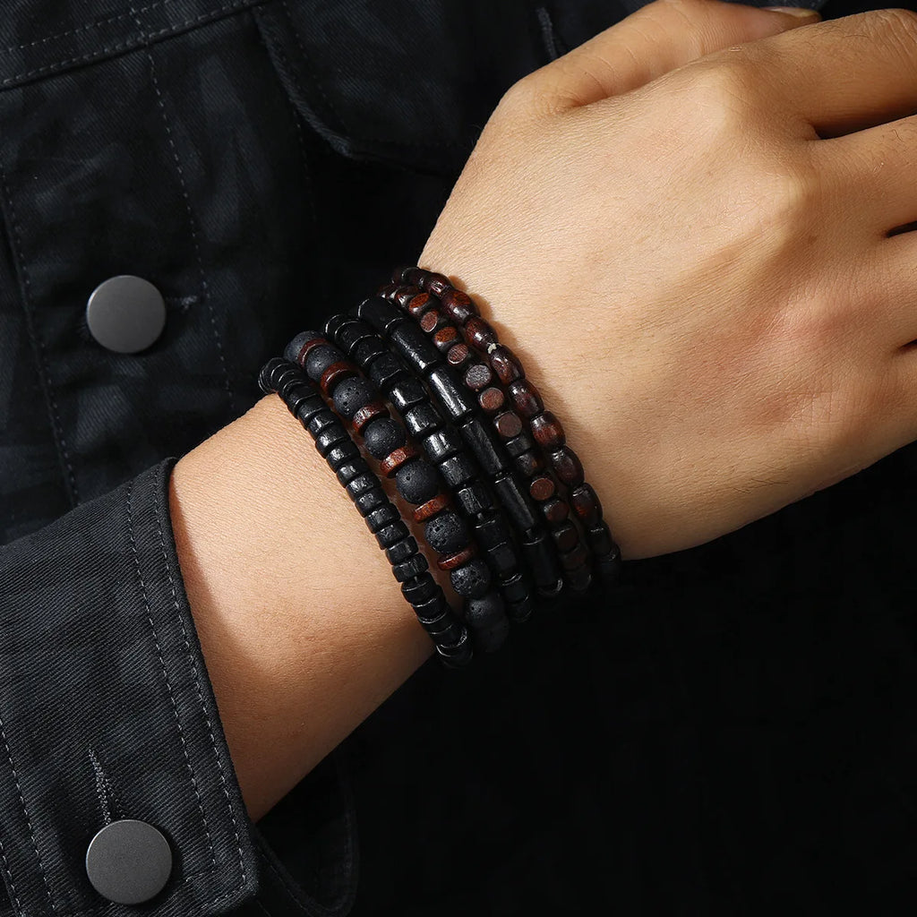 Men’s Retro Multi-Layer Wooden Bead Bracelet | Handmade Elastic Jewelry