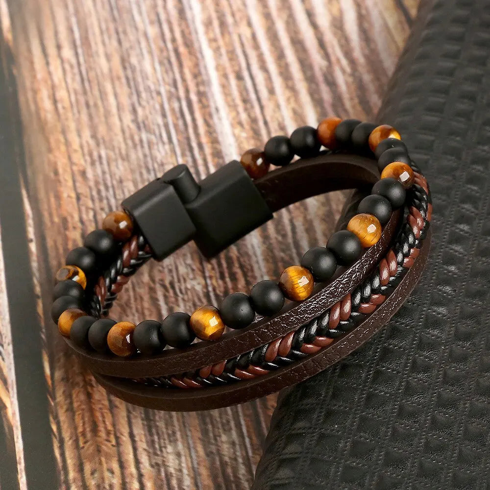Men’s Leather Tiger Eye Beaded Bracelet