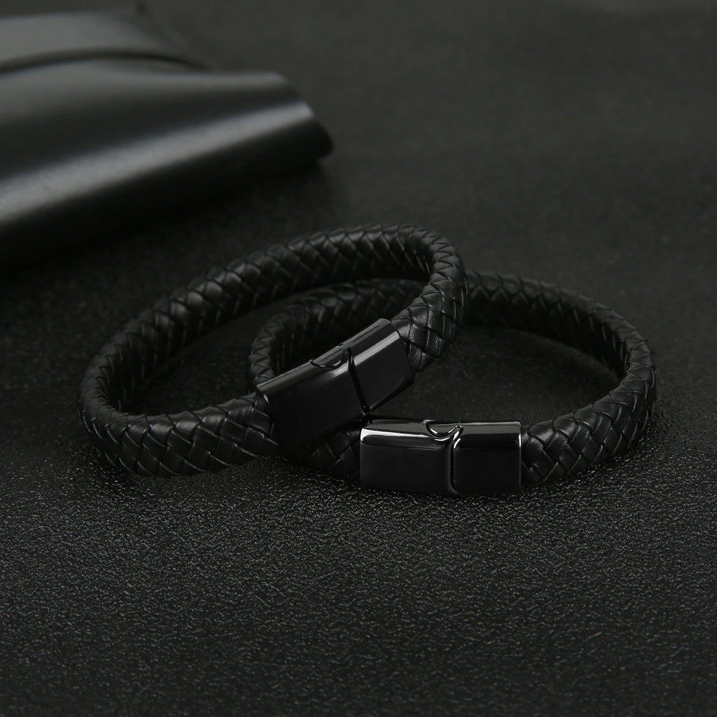 Mibrow Braided Black Leather Men’s Bracelet