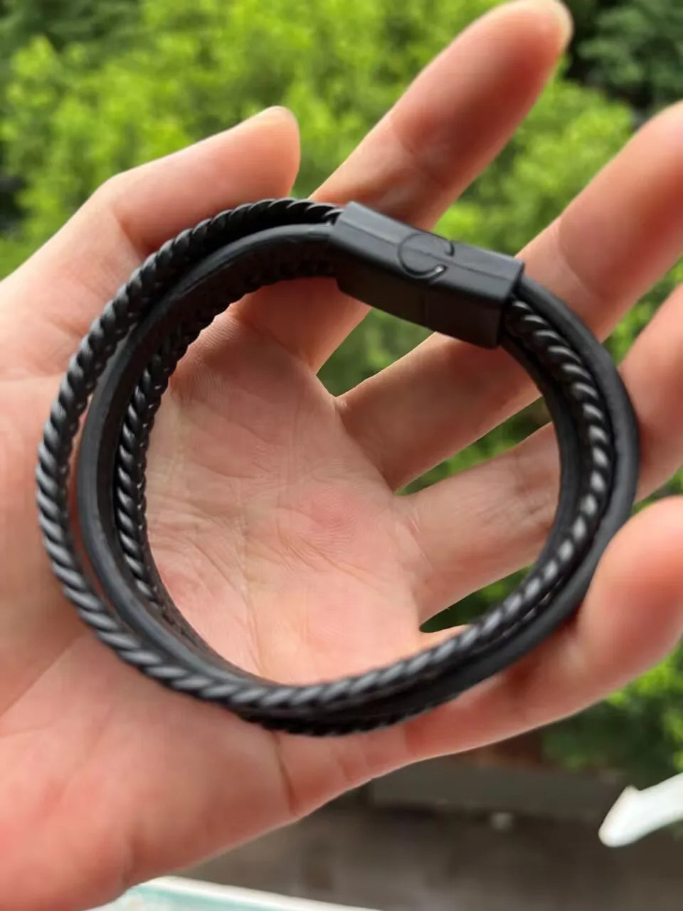 Men’s Leather & Stainless Steel Braided Bracelet